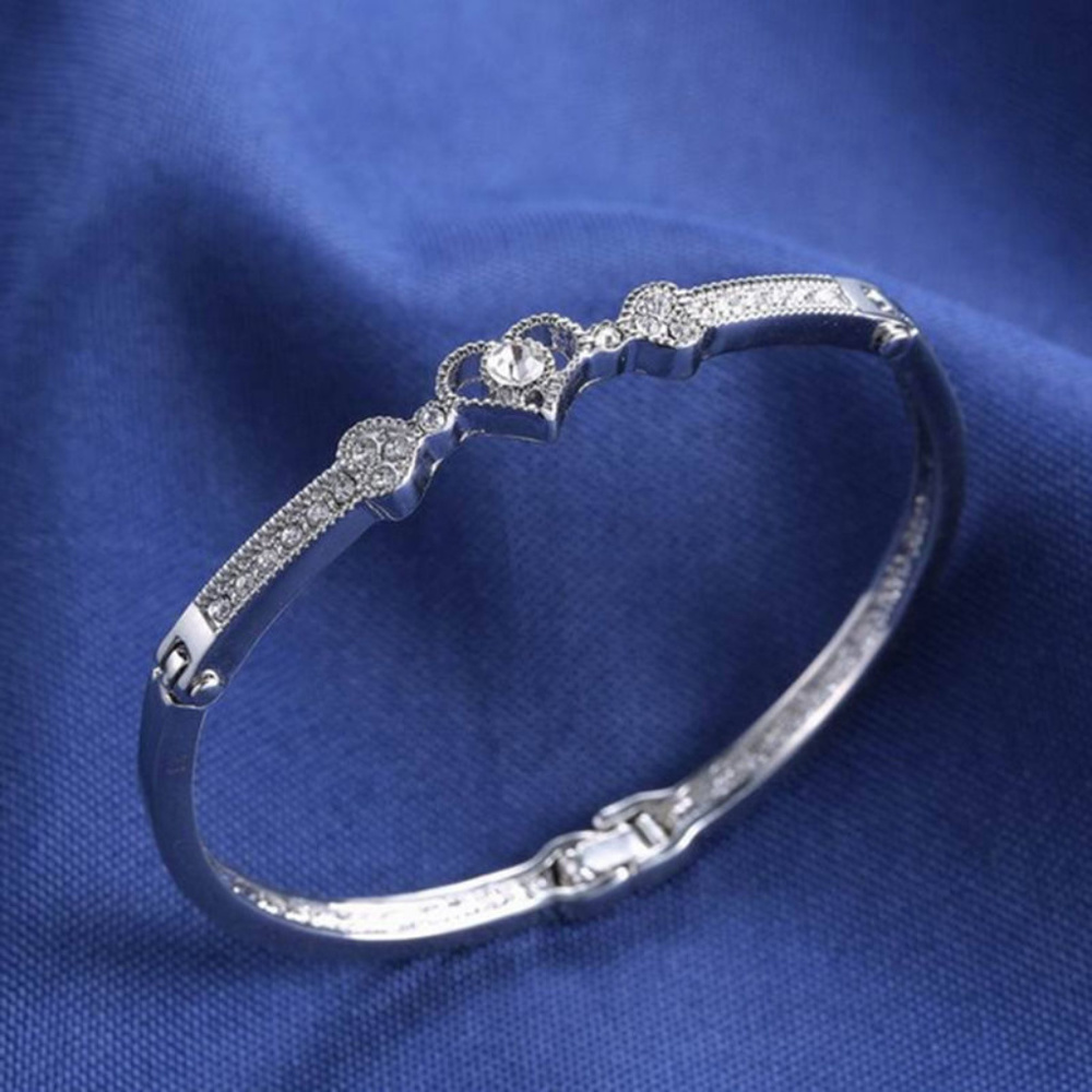 Silver Plated Crystal Rhinestone Heart Bangle - Picture 2 of 3